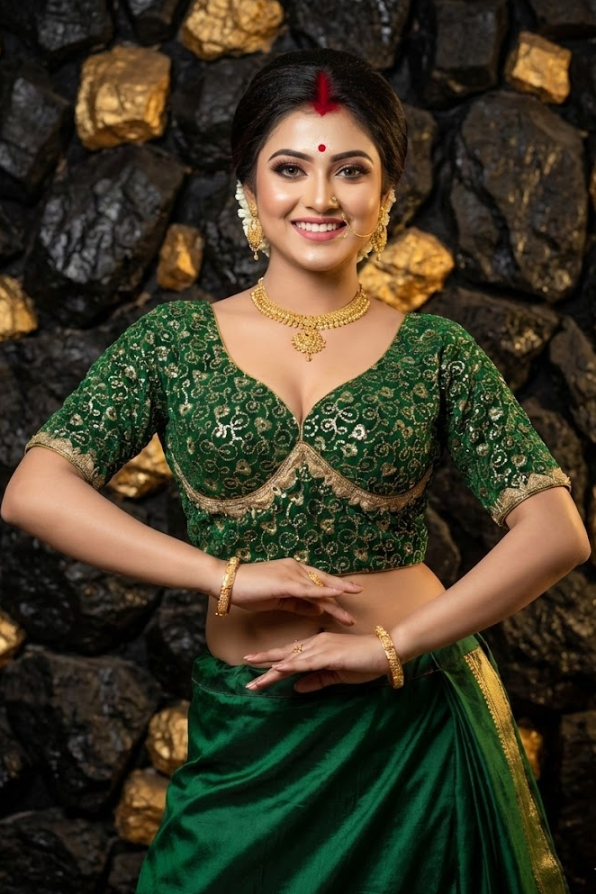 Front view of green Sabyasachi style silk blouse with heavy golden zari embroidery and sweetheart neckline.