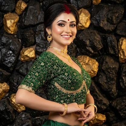 Model wearing green festive blouse with traditional saree for wedding guest look.