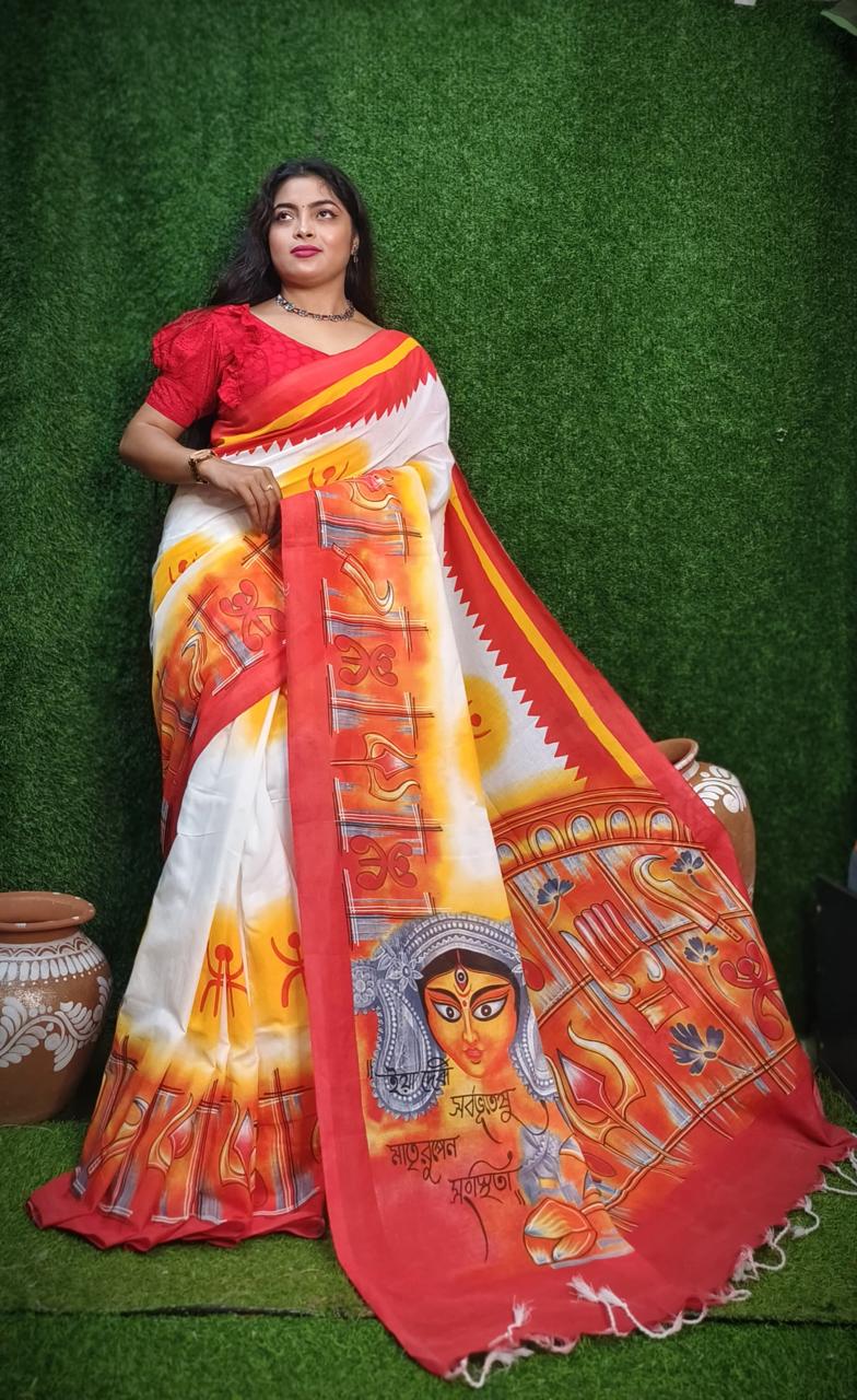 Cotton Handloom Maa Durga Digital Print Saree – Style 3 | Bengali Handloom Saree | Bong Trendz