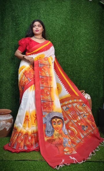 Cotton Handloom Maa Durga Digital Print Saree – Style 3 | Bengali Handloom Saree | Bong Trendz