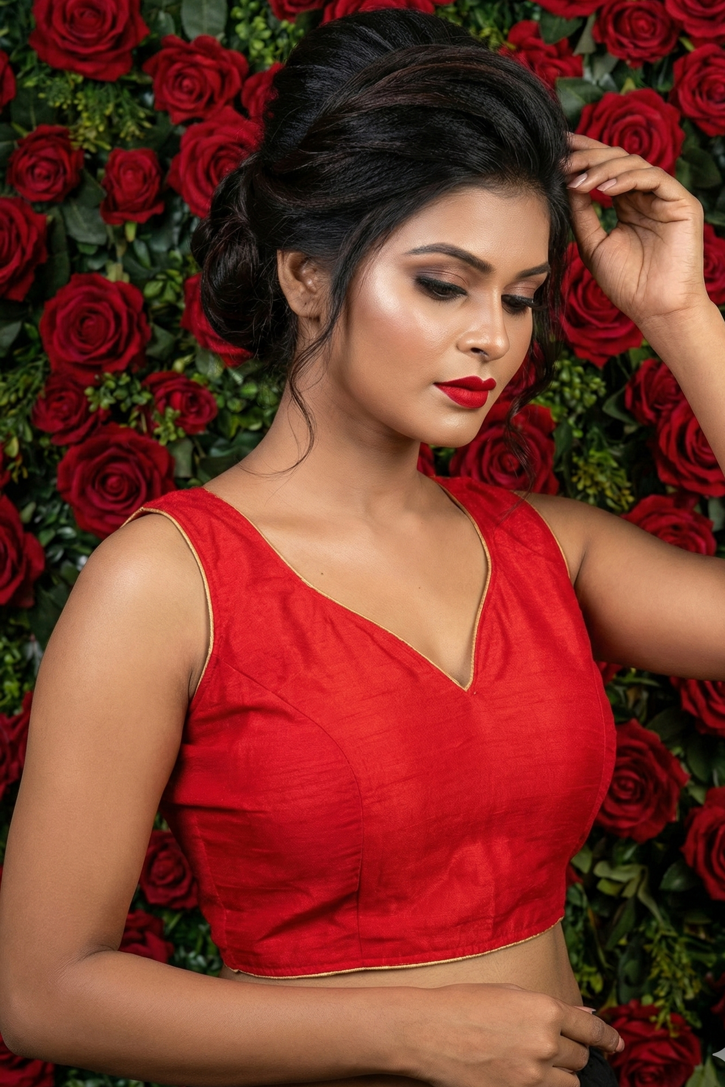 Red sleeveless cotton saree blouse with sweetheart back neck and padded front red blouse