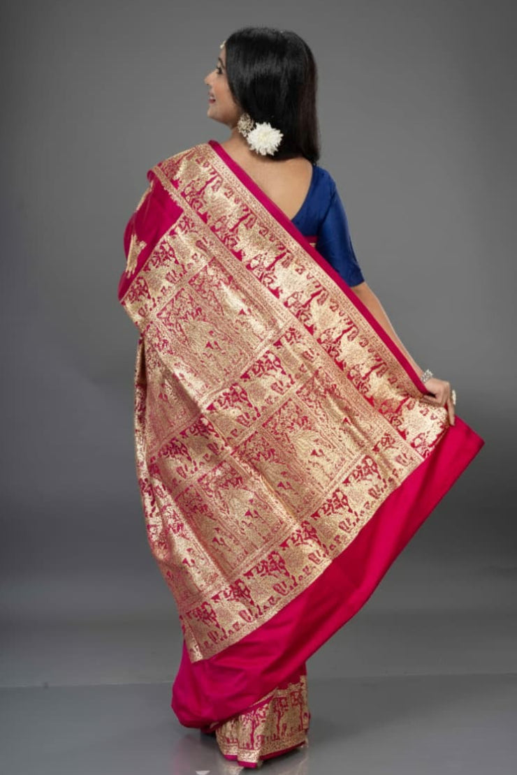 Magenta Elephant Motif Designer Handwoven Motif Banarasi Silk Saree