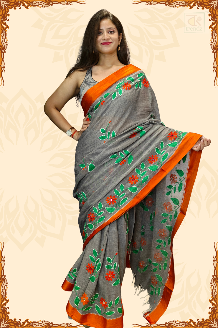 Handcrafted Kantha Stitch Cotton Saree - Pure Cotton Ethnic Wear for Festive Season