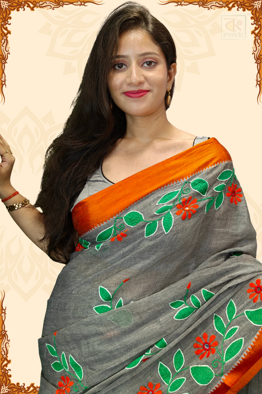 Close-up of Hand-embroidered Kantha Work on Saree Fabric - Ideal for Resellers.