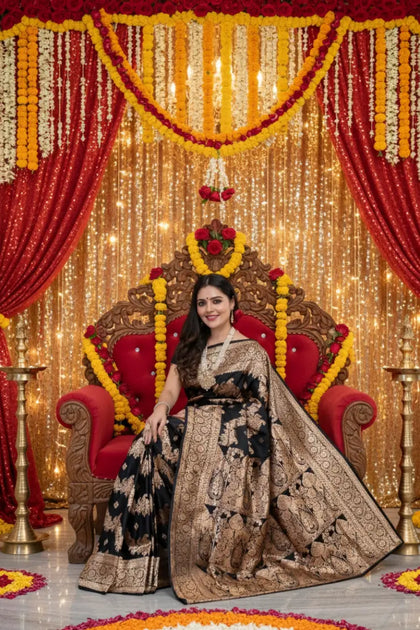 Designer Handwoven Motif Banarasi Silk Saree – Majesty on Gajraj | Bong Trendz