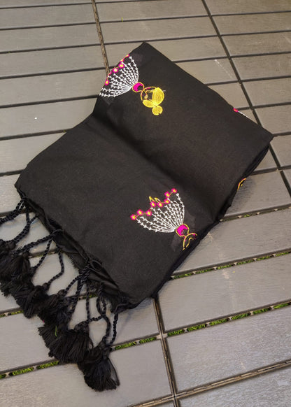 Doll Motif EmbroideryCotton Handloom Saree  Black