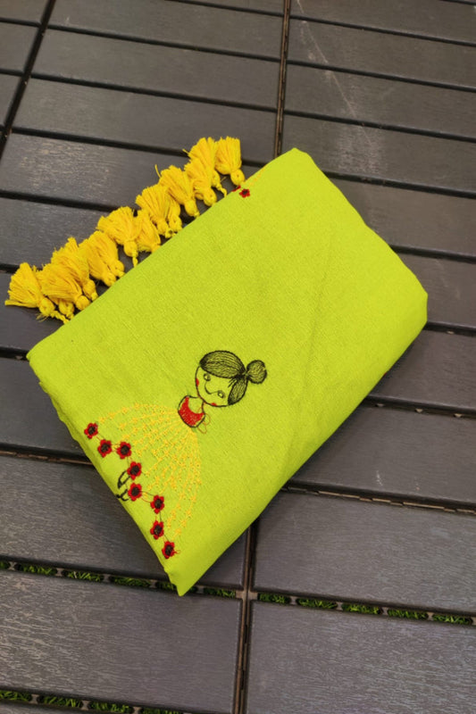 DollMotifEmbroideryCottonHandloomSareeParrotGreen