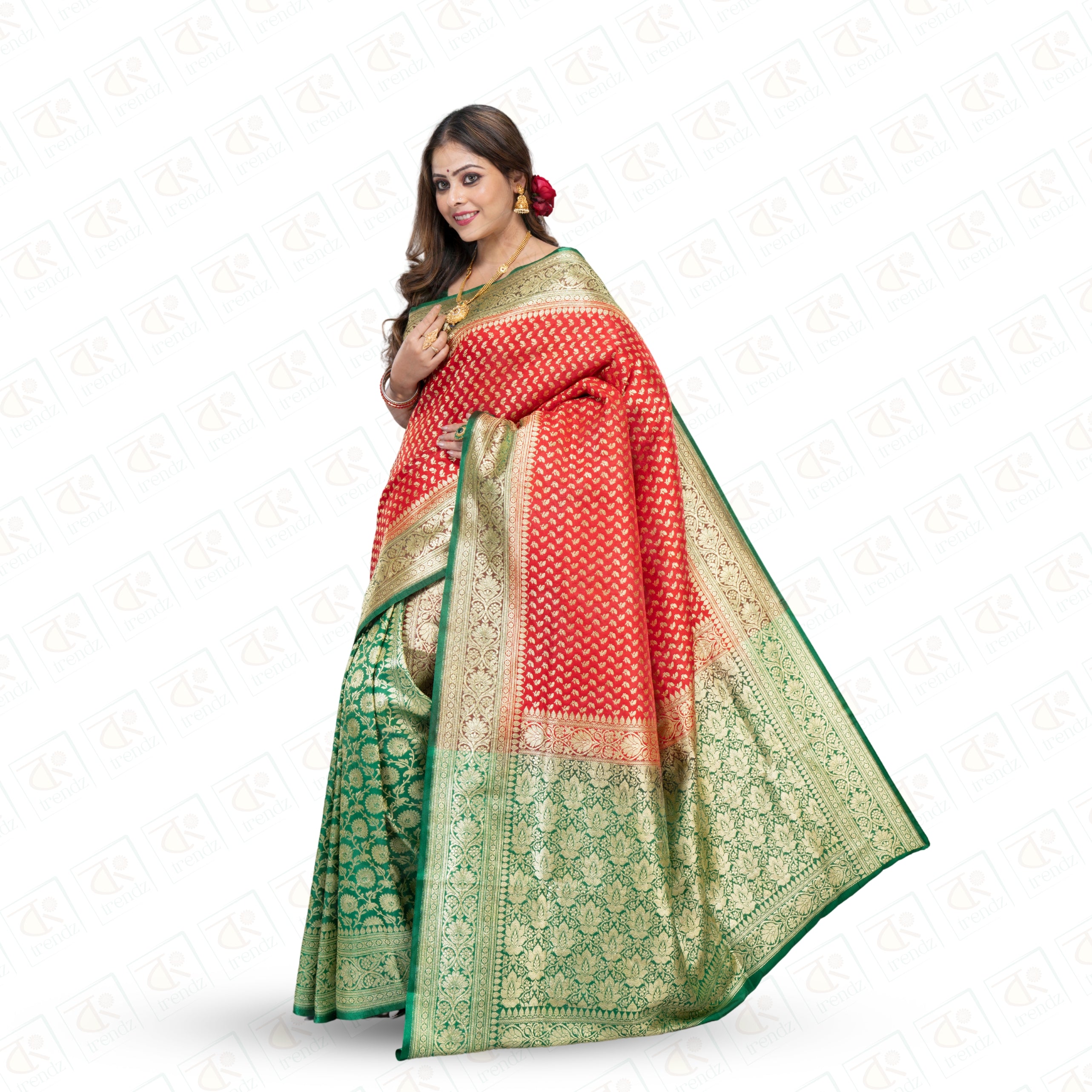 WBIW9126 Red Green Banarasi Silk Saree with Contrast Red Zari Border –  Chhabra 555