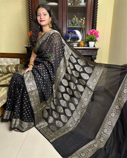 Exclusive Handloom Georgette Saree - Green - handloom georgette saree | Bong Trendz