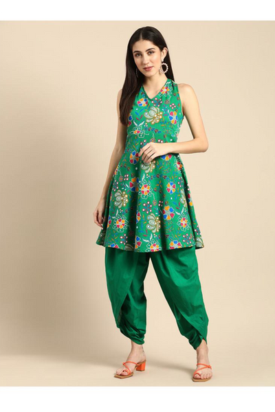 Green Printed Cotton Kurti with Dhoti Set | Bong Trendz