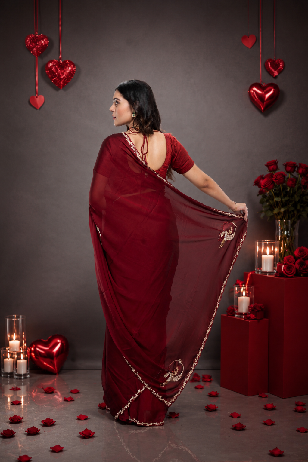 Exquisite Red Georgette Saree Peacock Emblem - Red - georgette saree | Bong Trendz