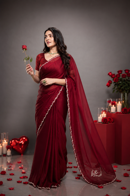 Exquisite Red Georgette Saree Peacock Emblem - Red - georgette saree | Bong Trendz