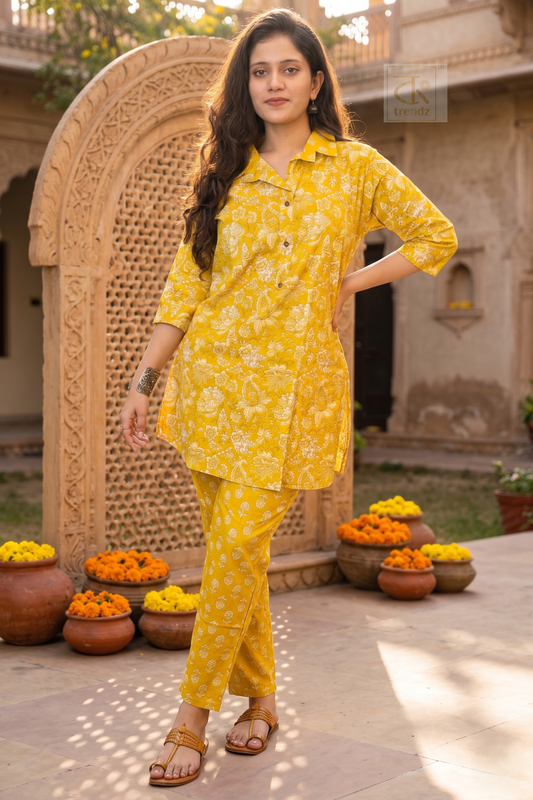 Fresh Bloom CoOrd Set in mustard yellow with sanganeri floral print, cotton tunic and pant set for women, Bong Trendz