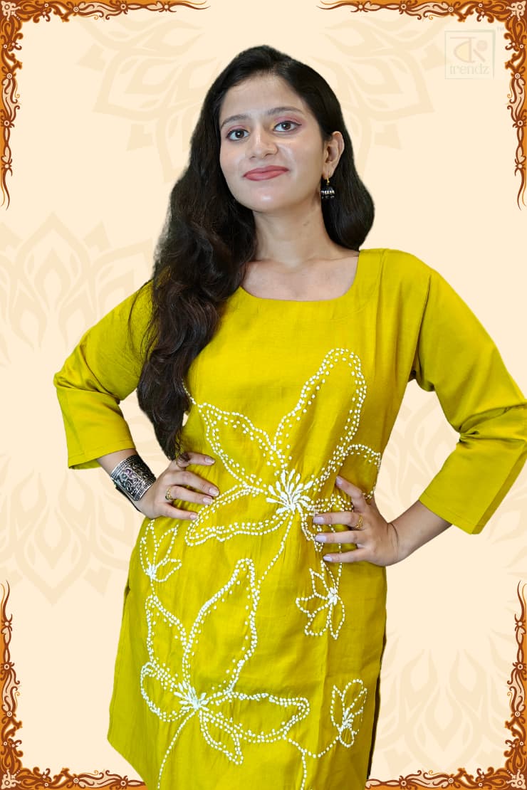 Yellow Verican Silk Kurti and Pant Set with Handwork for Festive Indian Ethnic Wear