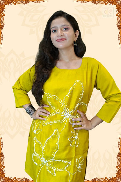 Yellow Verican Silk Kurti and Pant Set with Handwork for Festive Indian Ethnic Wear