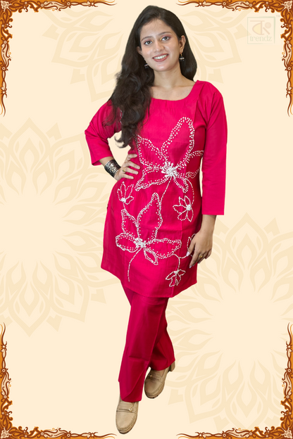 Pink Verican Silk Kurti and Pant Set with Handwork for Festive Indian Ethnic Wear
