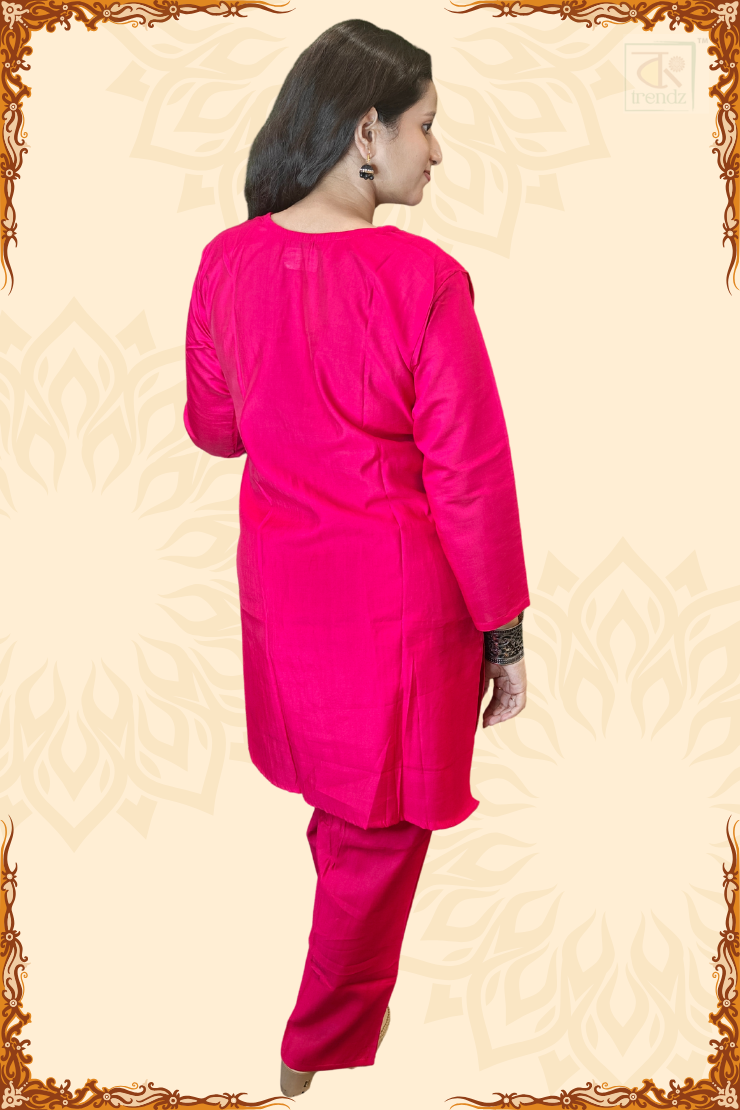 Pink Verican Silk Kurti and Pant Set with Handwork for Festive Indian Ethnic Wear