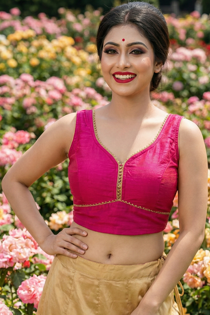 Woman in a pink blouse standing in front of a floral background