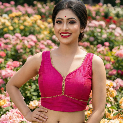 Woman in a pink sleeveless cotton padded blouse 