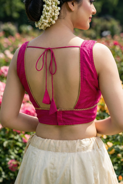 Woman wearing a pink sleeveless cotton blouse with a floral background