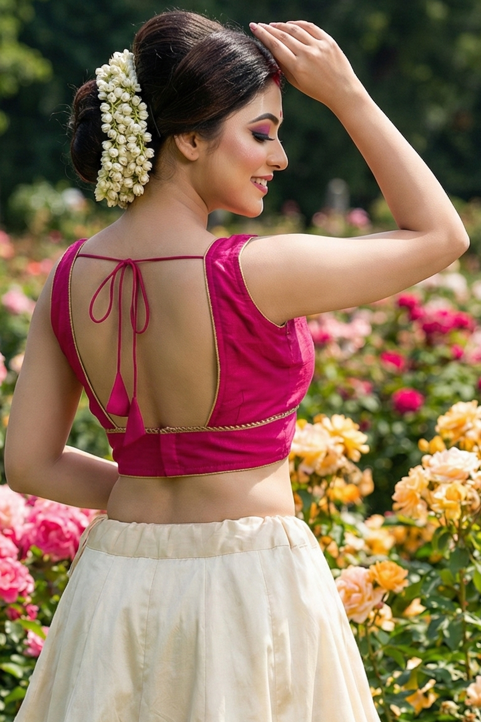 Woman in a pink sleeveles blouse standing in a garden with flowers.