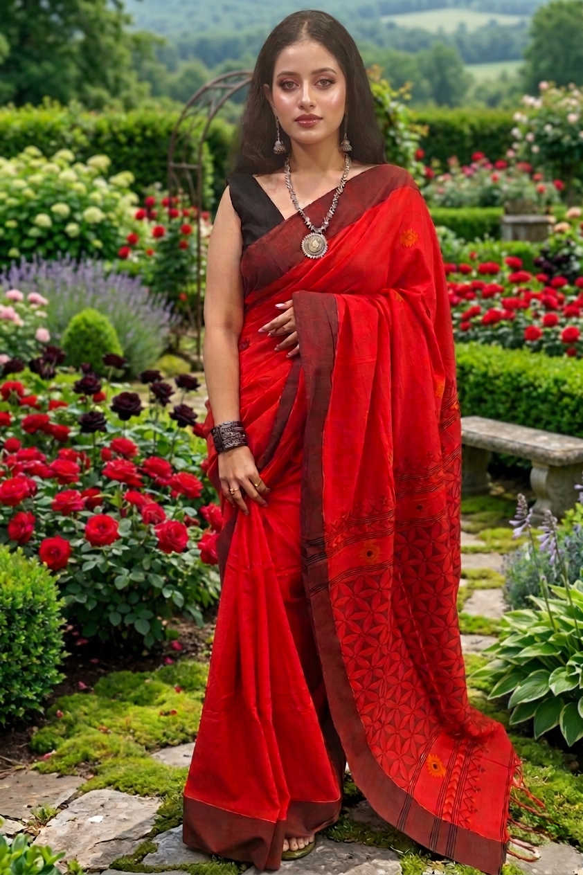 Pure Cotton Handloom Jamdani Saree from Bengal – View 2 | Bong Trendz