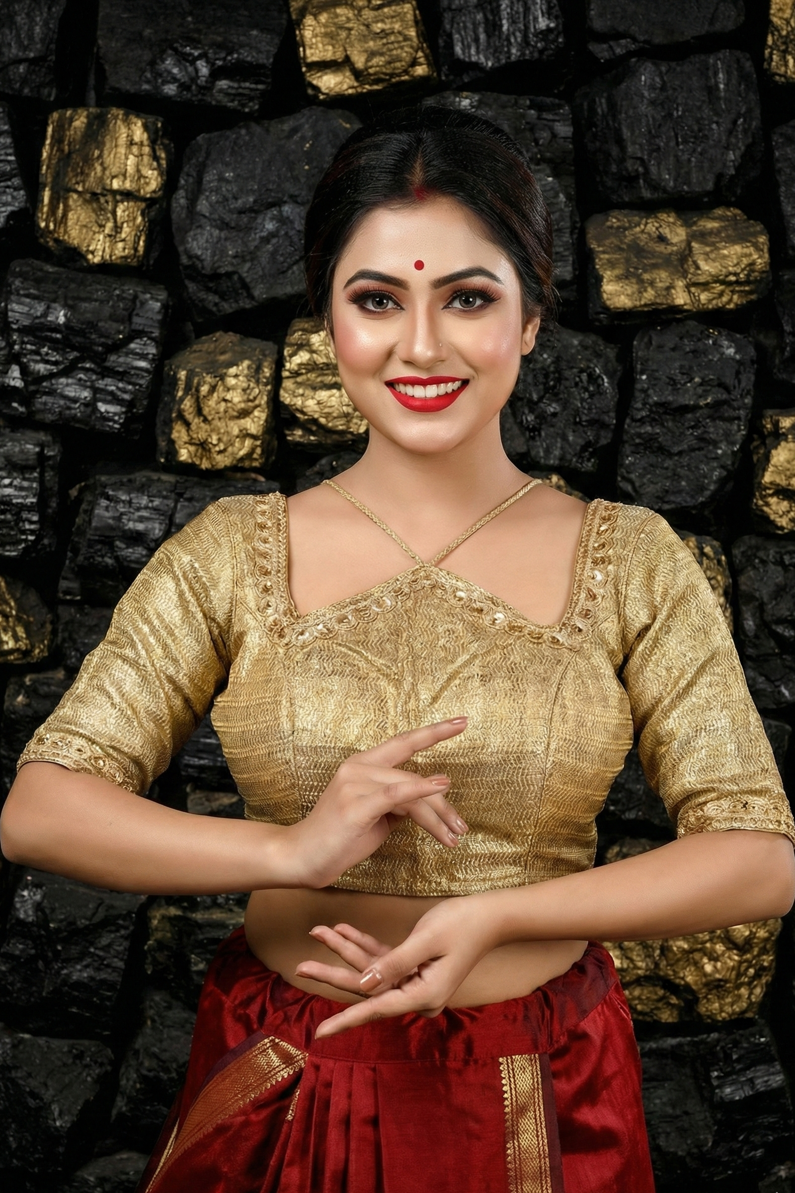 Golden Shimmer Silk Blouse Front Neck Design for Wedding Sarees