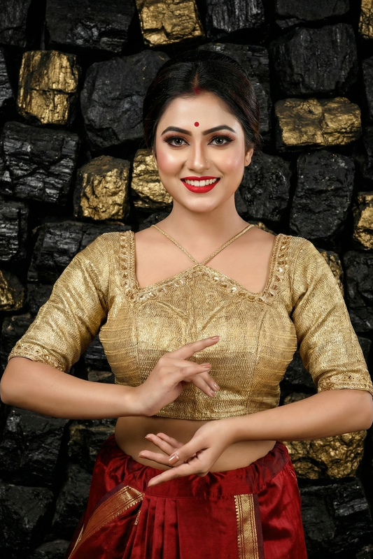 Golden Shimmer Silk Blouse Front Neck Design for Wedding Sarees