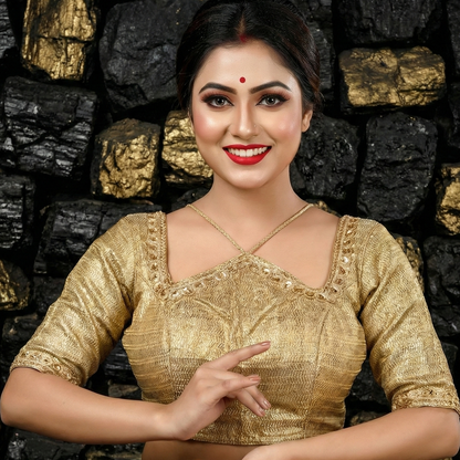 Golden Shimmer Silk Readymade Blouse | Universal Match for Sarees | Padded