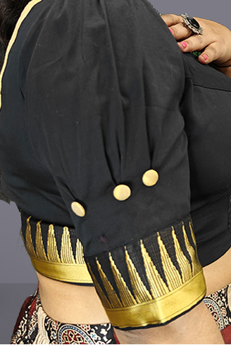 Golden Temple Border Black Designer Blouse with Fancy Buttons