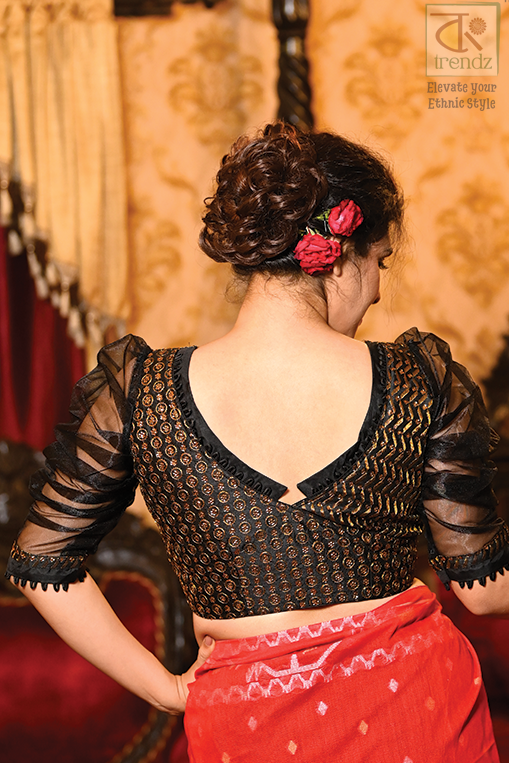 Sweetheart back design golden silk blouse with puff sleeves for saree