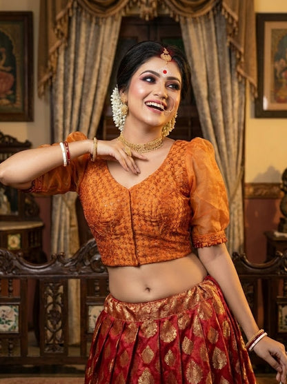 Golden zari silk blouse with long puff sleeves and sweetheart neckline front view