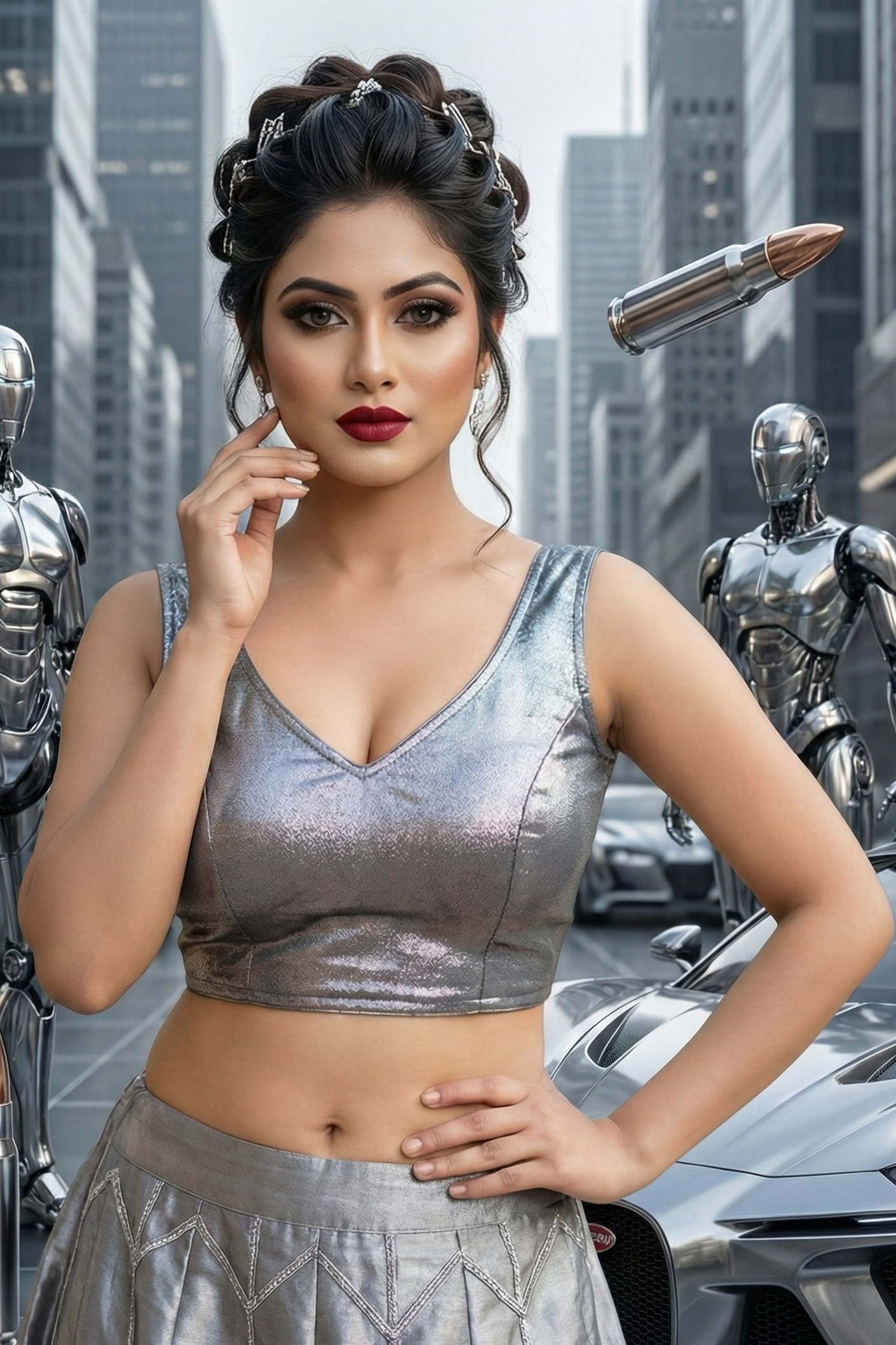 Gunmetal grey metallic blouse deep V neck sleeveless front view