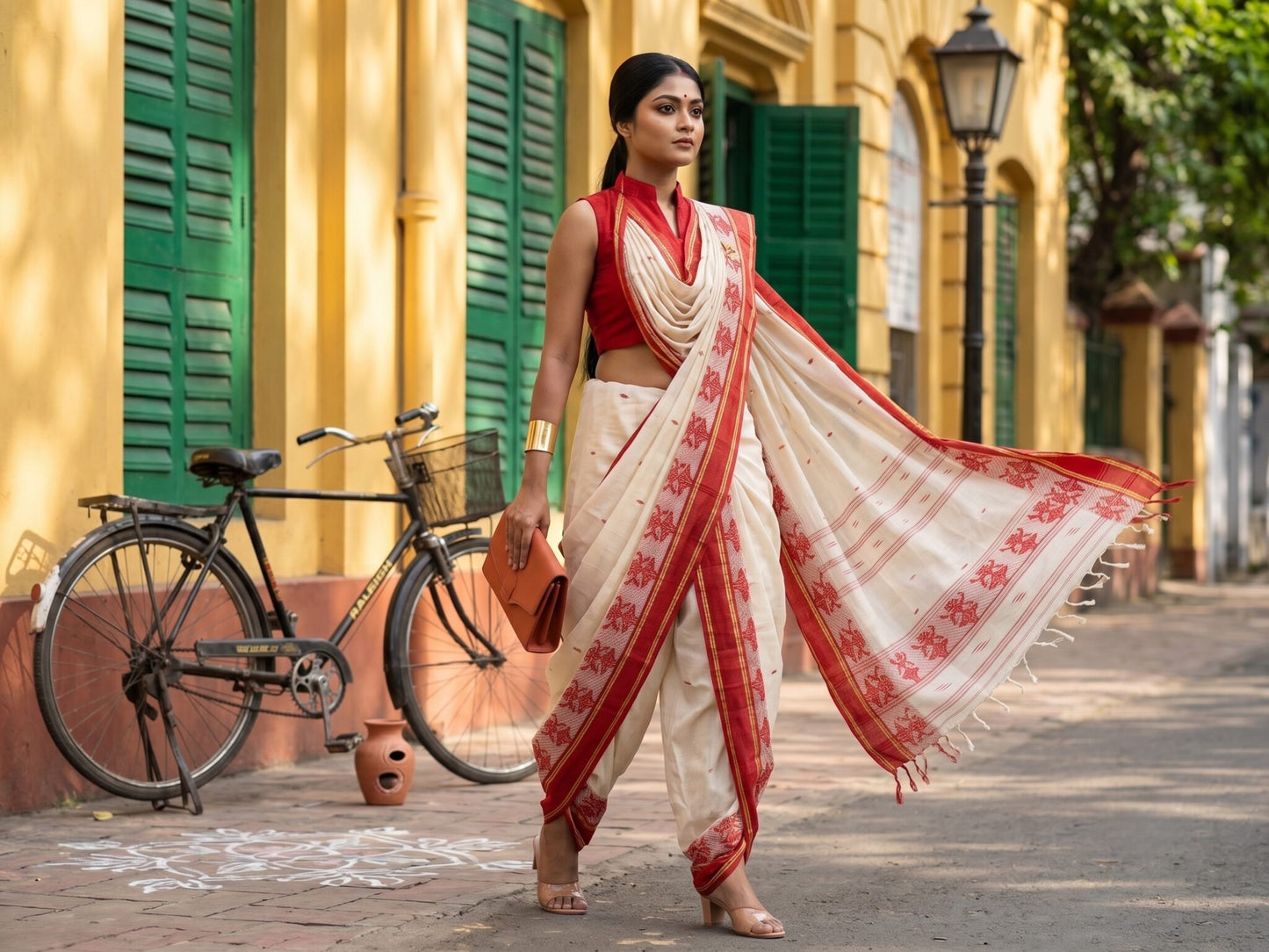 Handloom cotton Santipur tant saree draped dhoti style, walking pose