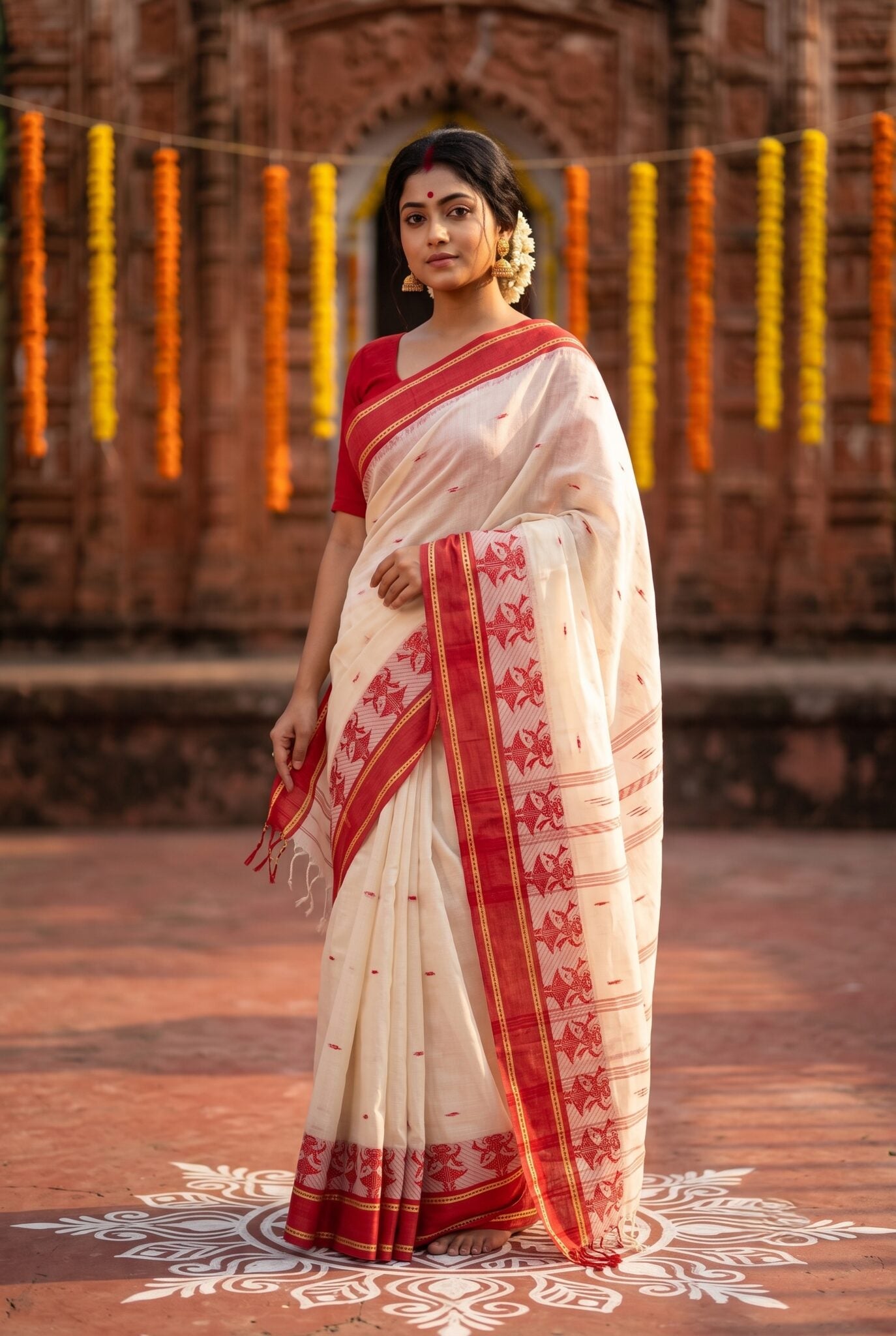 Red and white Santipur GI tag tant saree pallu flowing, handloom cotton saree