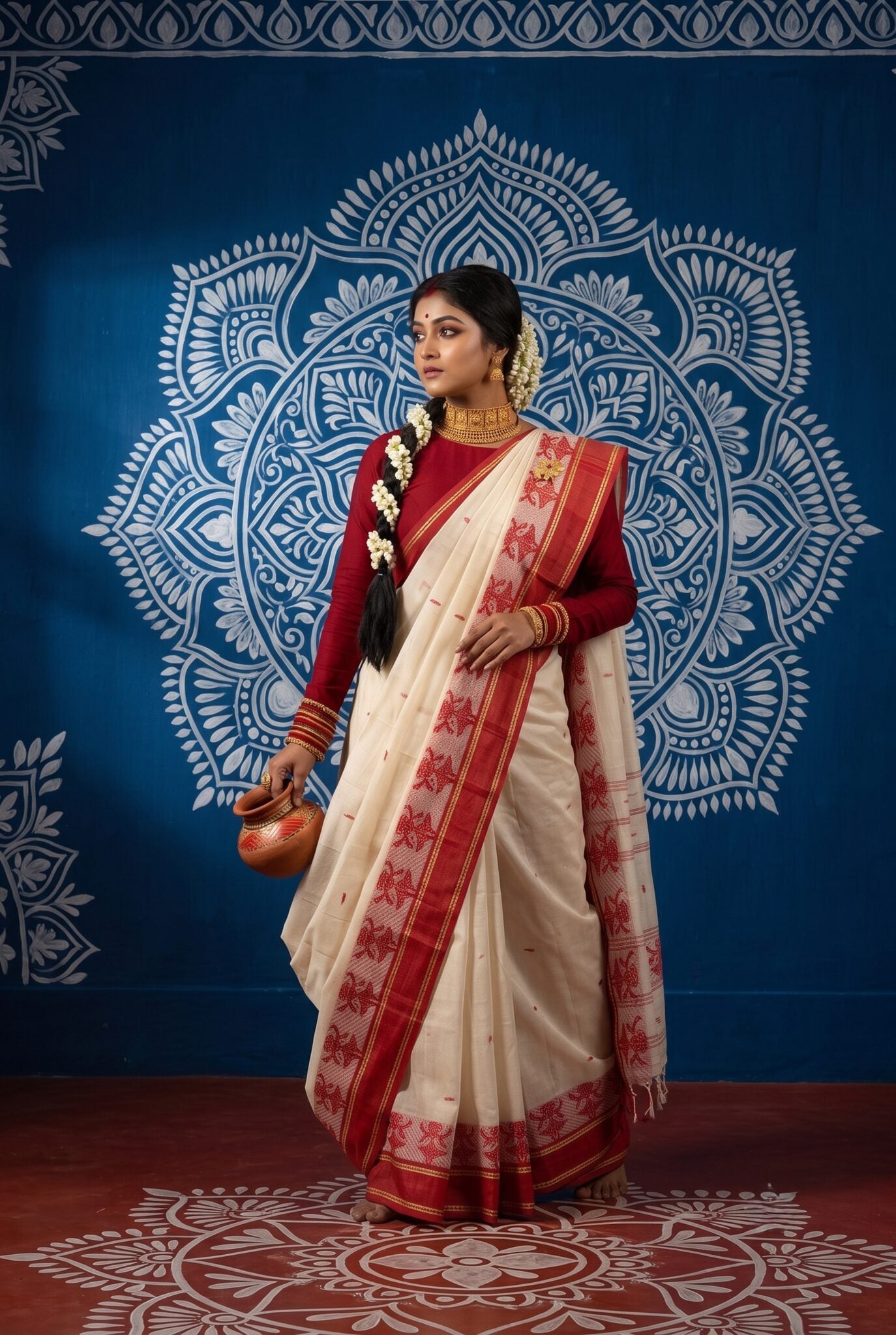 Handwoven Santipur GI tag tant saree in red and white pure cotton, draped Bengali style