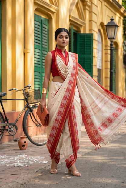 Close-up of the genuine Handloom Mark and Santipur Saree GI tag label on the Bong Trendz tant saree