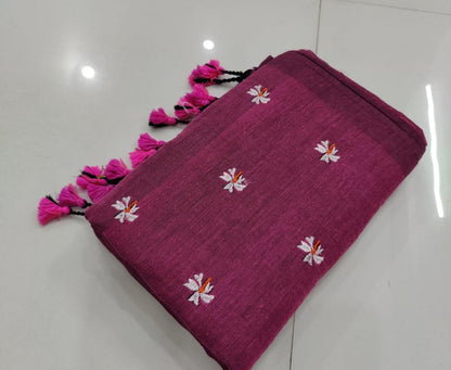 Shiuli Embroidery Khadi Saree