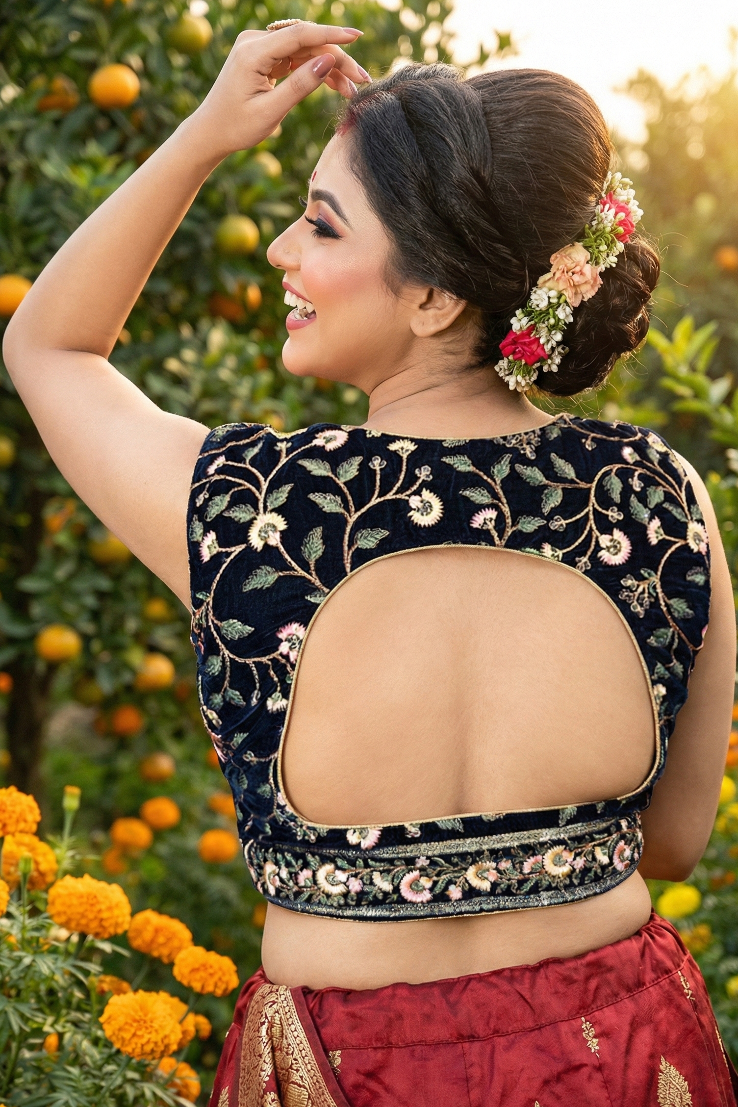 Deep keyhole back design velvet black blouse with circular cutout 