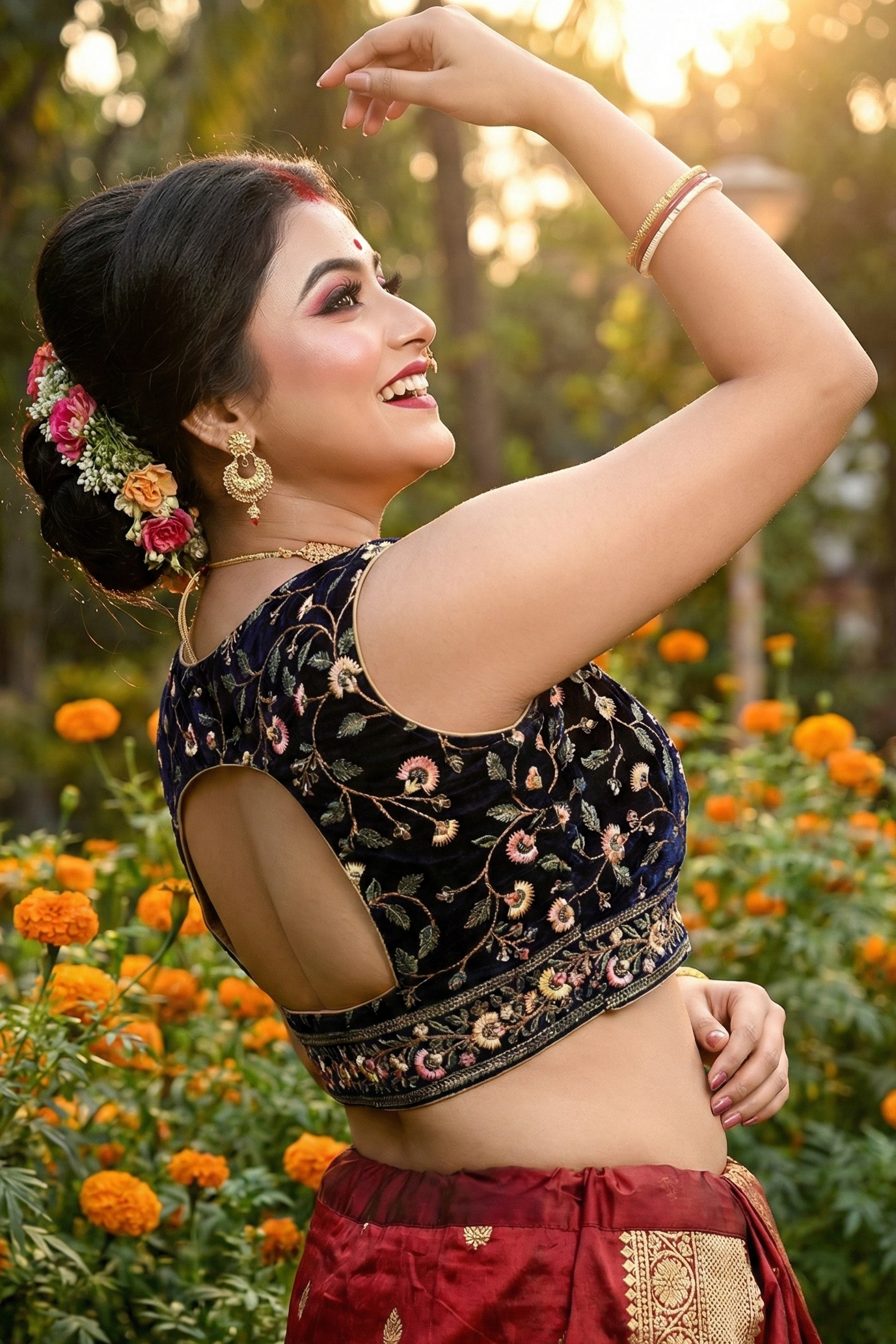 Side view of sleeveless velvet padded blouse showing embroidery detail