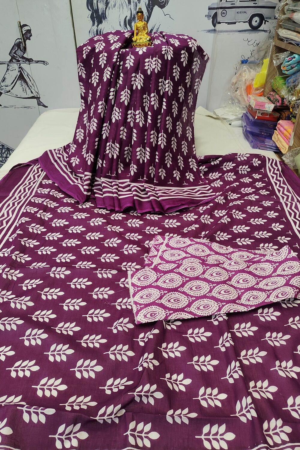 Purple Wine Mulmul Cotton Bangru Block Print Saree with Blouse Piece | Bong Trendz