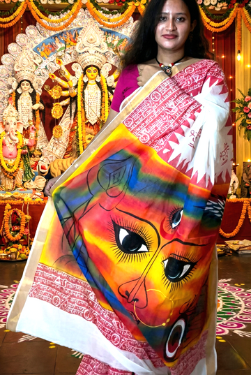 Kerala Kasavu Cotton Saree – Hand Painted Side Draping View | Bong Trendz
