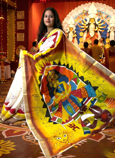 Kerala Kasavu Cotton Hand Painted Saree | Bong Trendz