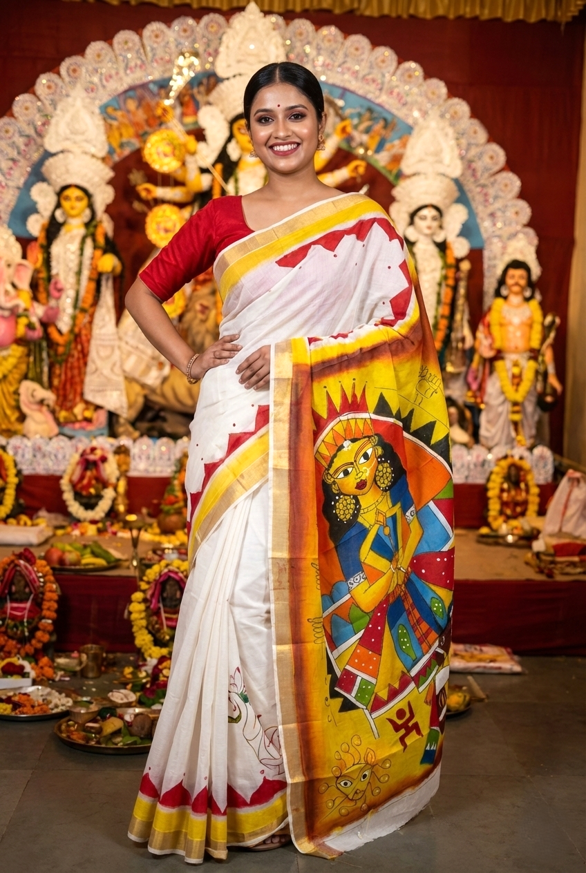 Authentic Kerala Cotton Hand Painted Saree – Kasavu Elegance