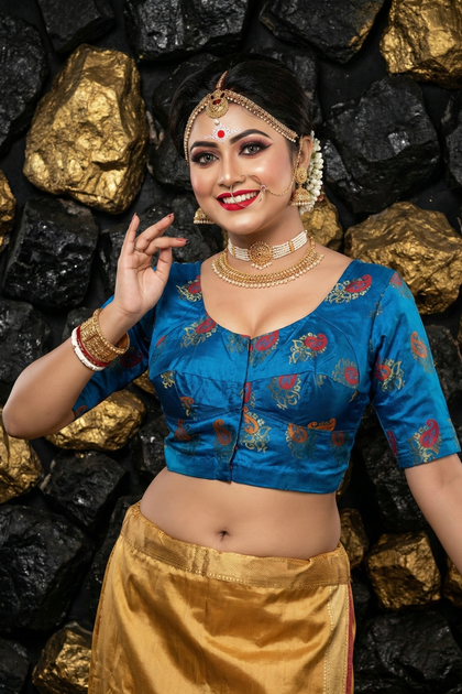 Manimala: Premium Silk Kolka Print Designer Blouse – Bengali Festive Edition – Blue | Bong Trendz