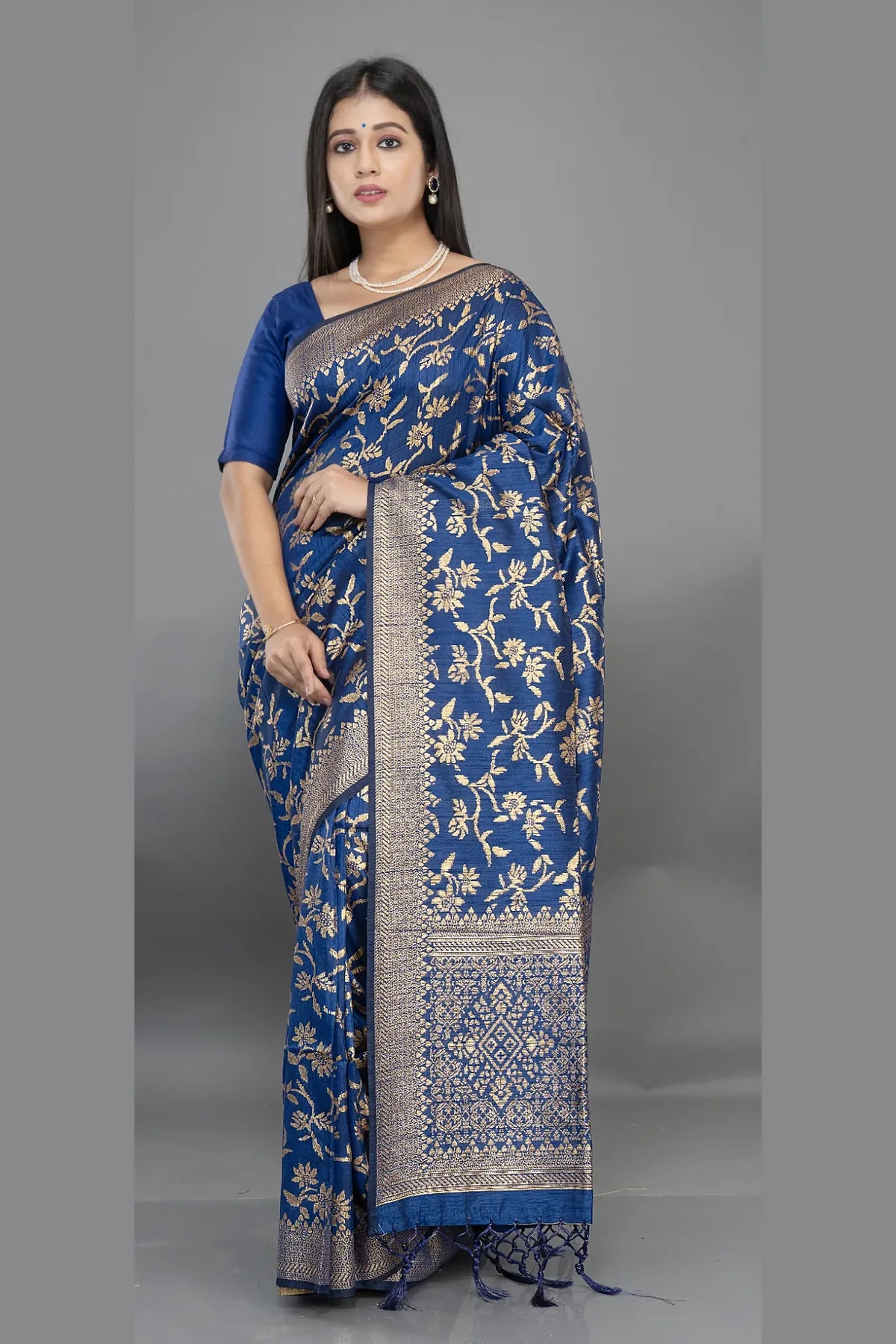 Stunning Matka Jaal Silk Saree – Royal Blue | Matka Silk Saree | Bong Trendz