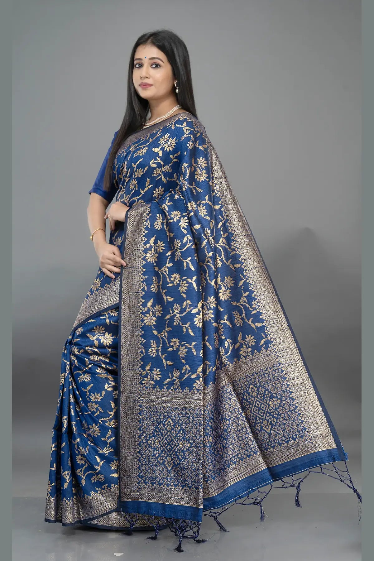 Stunning Matka Jaal Silk Saree – Royal Blue Side View | Matka Silk Saree | Bong Trendz