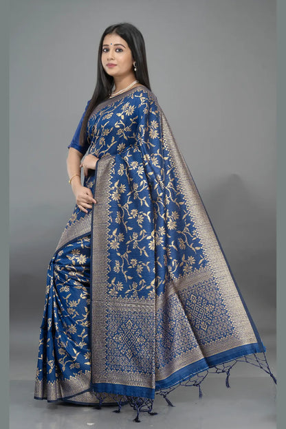 Stunning Matka Jaal Silk Saree – Royal Blue Side View | Matka Silk Saree | Bong Trendz