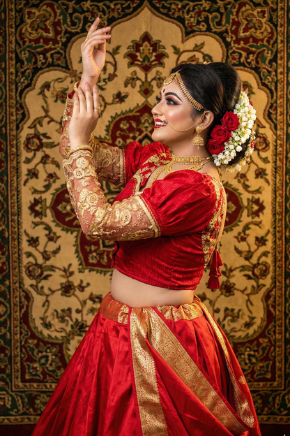 Bridal Red Blouse with Net Sleeve for Wedding