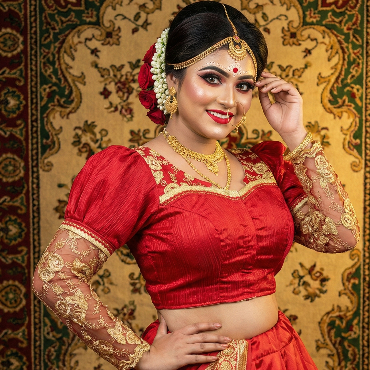 Golden Zari Bridal Designer Blouse with Sheer Net Sleeves | Maggam Work | Readymade